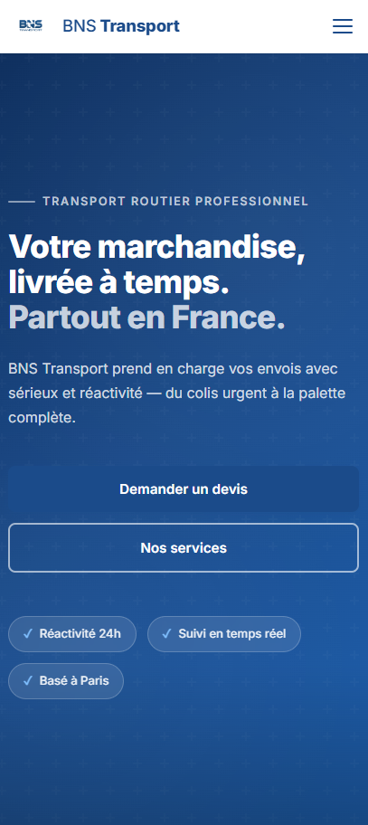 Capture d'écran de BNS Transport — vue mobile